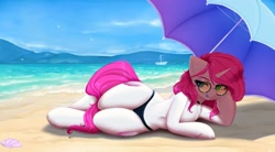 Size: 2082x1150 | Tagged: safe, artist:evlass, imported from derpibooru, oc, oc only, oc:bubblegum kiss, pony, unicorn, beach, bikini, clothes, collar, commission, female, glasses, hoof on cheek, lying down, ocean, solo, supporting head, swimsuit, tongue out, umbrella, ych result