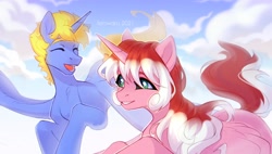 Size: 3000x1700 | Tagged: safe, artist:fenwaru, imported from derpibooru, oc, oc only, alicorn, pony, alicorn oc, duo, horn, wings