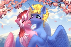 Size: 3700x2480 | Tagged: safe, artist:fenwaru, imported from derpibooru, oc, oc only, alicorn, pony, alicorn oc, cloud, duo, high res, horn, hug, kissing, wings