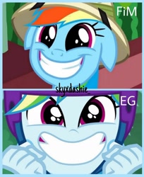 Size: 1080x1322 | Tagged: safe, edit, edited screencap, editor:skyxdashie , editor:skyxdashie_, imported from derpibooru, screencap, rainbow dash, pegasus, pony, equestria girls, equestria girls series, season 6, sic skateboard, stranger than fan fiction, spoiler:eqg series (season 2), close-up, comparison, cute, dashabetes, female, floppy ears, grin, helmet, mare, rainbow dash is best facemaker, smiling