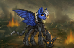 Size: 2106x1383 | Tagged: safe, artist:ondrea, imported from derpibooru, oc, oc only, oc:maverick, oc:squall splitter, pegasus, pony, fallout equestria, armor, blue, disaster, enclave, enclave armor, frown, looking at you, male, pegasus oc, power armor, solo, stallion