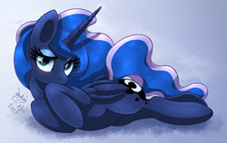 Size: 1900x1200 | Tagged: safe, artist:joakaha, imported from derpibooru, princess luna, alicorn, pony, cute, female, looking at you, lunabetes, lying down, mare, simple background, solo