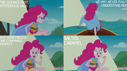 Size: 1280x720 | Tagged: safe, edit, edited screencap, editor:quoterific, imported from derpibooru, screencap, pinkie pie, human, equestria girls, equestria girls series, the salty sails, beach, boat, cape, clothes, female, lifejacket, one-piece swimsuit, open mouth, ship, solo, superhero, swimsuit