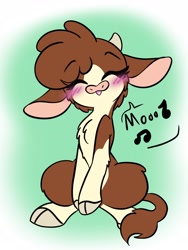 Size: 1536x2048 | Tagged: safe, artist:larrykitty, artist:php156, imported from derpibooru, arizona cow, cow, them's fightin' herds, arizona (tfh), arizonadorable, blushing, chest fluff, cloven hooves, community related, cute, eyes closed, female, happy, missing accessory, music notes, onomatopoeia, simple background, singing, sitting, solo, speech bubble