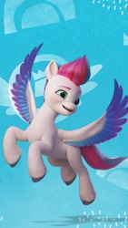 Size: 736x1308 | Tagged: safe, imported from derpibooru, zipp storm, pegasus, pony, spoiler:g5, abstract background, blue background, female, flying, g5, mare, official, pinterest, simple background, solo