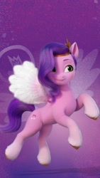 Size: 736x1308 | Tagged: safe, imported from derpibooru, pipp petals, pegasus, pony, spoiler:g5, abstract background, adorapipp, beautiful, cute, female, flying, g5, mare, official, pinterest, purple background, simple background, solo