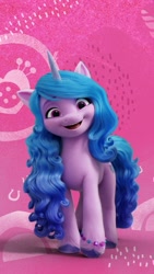 Size: 736x1308 | Tagged: safe, imported from derpibooru, izzy moonbow, pony, unicorn, spoiler:g5, abstract background, female, g5, looking at you, mare, official, pink background, pinterest, simple background, solo