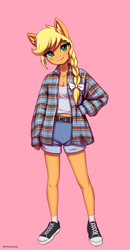 Size: 1526x2945 | Tagged: safe, artist:mrscroup, imported from derpibooru, applejack, anthro, plantigrade anthro, alternate hairstyle, breasts, cleavage, clothes, converse, cute, jackabetes, midriff, pink background, plaid shirt, reasonably sized breasts, shirt, shoes, shorts, simple background, sneakers, solo