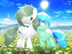 Size: 2000x1500 | Tagged: safe, artist:jadebreeze115, imported from derpibooru, oc, oc only, pegasus, pony, base used, cute, duo, eyebrows, eyebrows visible through hair, flower, gay, holding, looking at each other, male, meadow, oc x oc, ocbetes, pegasus oc, shipping, side hug, smiling, smiling at each other, stallion, wings