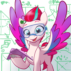 Size: 2048x2048 | Tagged: safe, artist:pfeffaroo, imported from derpibooru, zipp storm, pegasus, pony, adorazipp, cute, female, g5, goggles, high res, holding, looking at you, mare, open mouth, paper airplane, safety goggles, science, solo, spread wings, unshorn fetlocks, wings