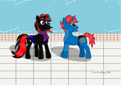 Size: 1024x726 | Tagged: safe, artist:sorasleafeon, imported from derpibooru, oc, oc only, oc:shadow sora, oc:train track, pony, unicorn, artist signature, clothes, duo, duo male, horn, male, poolside, red and black oc, scarf, signature, smiling, speedo, speedos, swimming pool, swimsuit, unicorn oc, water