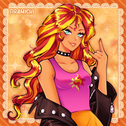 Size: 1024x1024 | Tagged: safe, artist:tiramichii, imported from derpibooru, kotobukiya, sunset shimmer, equestria girls, abstract background, bare shoulders, choker, clothes, cute, female, jacket, kotobukiya sunset shimmer, looking at you, off shoulder, shimmerbetes, sleeveless, smiling, solo, sparkles, spiked choker