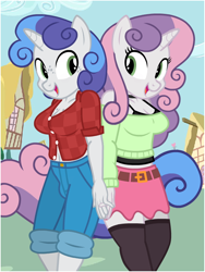 Size: 600x800 | Tagged: safe, artist:flash equestria photography, imported from derpibooru, sweetie belle, oc, oc:silver sweet, anthro, brother and sister, busty boy, crotch bulge, female, intersex, male, older, older sweetie belle, show accurate anthro, siblings, transexual, transgender
