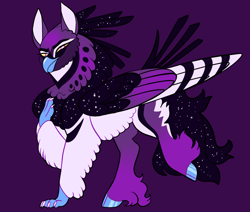 Size: 2600x2200 | Tagged: safe, artist:loryska, imported from derpibooru, oc, oc only, hippogriff, colored wings, high res, interspecies offspring, magical lesbian spawn, multicolored wings, offspring, parent:princess luna, parent:queen novo, parents:lunovo, purple background, simple background, solo, wings