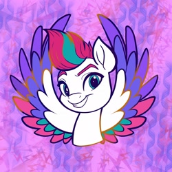 Size: 2048x2048 | Tagged: safe, artist:sophillia, imported from derpibooru, zipp storm, pegasus, pony, abstract background, adorazipp, bust, cute, feather, female, g5, high res, looking at you, mare, smiling, solo, spread wings, wings