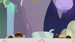 Size: 1280x720 | Tagged: safe, imported from derpibooru, screencap, season 9, student counsel, spoiler:s09, background, bowl, cupcake, food, maud's cave, no pony, scenic ponyville, waterfall