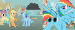 Size: 1400x563 | Tagged: safe, edit, edited screencap, imported from derpibooru, screencap, applejack, blue october, blueberry muffin, dizzy twister, lyra heartstrings, orange swirl, rainbow dash, trixie, earth pony, pegasus, pony, unicorn, boast busters, abuse, bedroom eyes, burned, burned butt, burned butt fetish, butt, buttcheeks, dashabuse, electrixie, featureless crotch, female, fetish, hot buns, implied trixie, irritated, lightning, literal butthurt, mare, not amused face, on fire, outdoors, pain, plot, ponyville, pun, rainbow dash is not amused, scorched, shocked, singed, smiling, smoke, spread wings, stormcloud, stupid sexy rainbow dash, this ended in fire, this is going to hurt, turned head, unamused, visual pun, we don't normally wear clothes, wings