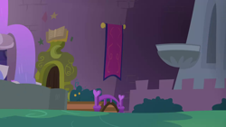 Size: 1280x720 | Tagged: safe, imported from derpibooru, screencap, student counsel, background, balcony, banner, fountain, night, no pony, scenic ponyville, school of friendship