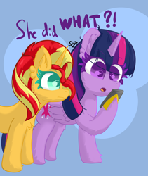 Size: 2714x3216 | Tagged: safe, artist:vinca, imported from derpibooru, sunset shimmer, twilight sparkle, alicorn, pony, unicorn, cellphone, duo, high res, phone, smartphone, twilight sparkle (alicorn)