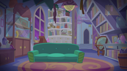 Size: 1280x720 | Tagged: safe, imported from derpibooru, screencap, student counsel, background, book, couch, globe, liminal space, no pony, rug, scenic ponyville, school of friendship, starlight's office
