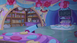 Size: 1280x720 | Tagged: safe, imported from derpibooru, screencap, student counsel, background, balloon, chalkboard, classroom, liminal space, night, no pony, party cannon, scenic ponyville, school of friendship