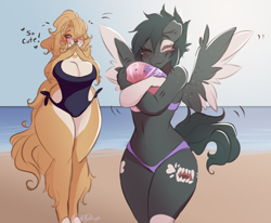 Size: 1842x1515 | Tagged: safe, artist:bunnywhiskerz, imported from derpibooru, oc, oc only, anthro, digitigrade anthro, dog, pegasus, unguligrade anthro, beach, bedroom eyes, belly button, big breasts, bikini, blushing, breasts, clothes, coat markings, cuddling, digital art, duo, duo female, eye markings, eyes closed, facial markings, female, fluffy, furry, furry oc, ocean, one eye closed, one-piece swimsuit, pale belly, sand, sky, socks (coat markings), spread wings, swimsuit, tail, thighs, two toned wings, wide hips, wings
