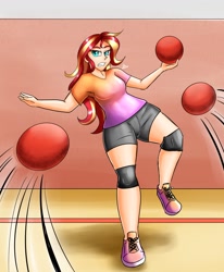 Size: 1400x1700 | Tagged: safe, artist:zachc, imported from derpibooru, sunset shimmer, equestria girls, action lines, ball, clothes, dodge, dodgeball, female, gritted teeth, gym, knee pads, shorts, solo, tennis shoes