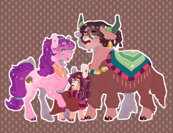 Size: 2224x1708 | Tagged: safe, artist:orphicswan, imported from derpibooru, lily longsocks, yona, oc, oc only, oc:ollie, hybrid, original species, pony, yakony, alternate design, cloven hooves, family, female, interspecies offspring, lesbian, magical lesbian spawn, offspring, parent:lily longsocks, parent:yona, shipping, solo