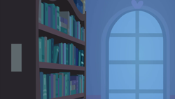 Size: 1280x720 | Tagged: safe, imported from derpibooru, screencap, student counsel, background, book, bookshelf, library, night, no pony, scenic ponyville, school of friendship, window