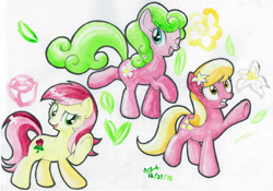 Size: 1280x894 | Tagged: safe, artist:michiito, imported from derpibooru, daisy, flower wishes, lily, lily valley, roseluck, earth pony, pony, female, flower, flower in hair, flower trio, mare, one eye closed, raised leg, traditional art, trio, trio female, underhoof