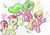 Size: 1280x894 | Tagged: safe, artist:michiito, imported from derpibooru, daisy, flower wishes, lily, lily valley, roseluck, earth pony, pony, female, flower, flower in hair, flower trio, mare, one eye closed, raised leg, traditional art, trio, trio female, underhoof