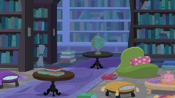 Size: 1280x720 | Tagged: safe, imported from derpibooru, screencap, student counsel, background, book, bookshelf, couch, globe, library, liminal space, pillow, scenic ponyville, school of friendship, scroll, teapot