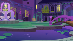 Size: 1280x720 | Tagged: safe, imported from derpibooru, screencap, student counsel, background, bridge, fountain, lilypad, night, no pony, river, scenic ponyville, school of friendship, stream, water, water lily, waterlily