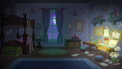 Size: 1280x720 | Tagged: safe, imported from derpibooru, screencap, student counsel, background, bed, bedroom, book, bunk bed, desk, dormitory, ladder, lamp, moon, night, no pony, scenic ponyville, school of friendship