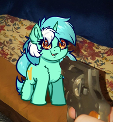 Size: 3438x3686 | Tagged: safe, artist:witchtaunter, imported from derpibooru, lyra heartstrings, pony, unicorn, at gunpoint, chest fluff, cute, ear fluff, faic, gun, handgun, high res, irl, l.u.l.s., lyrabetes, meme, oblivious, offscreen character, offscreen human, photo, ponies in real life, ponified, ponified meme, revolver, smiling, threatening, weapon