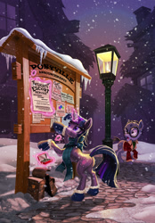 Size: 1800x2589 | Tagged: safe, artist:harwick, imported from derpibooru, mr. waddle, twilight sparkle, pony, unicorn, bag, butt, clothes, commission, cover art, fanfic, fanfic art, fanfic cover, gloves, glowing horn, horn, open mouth, plot, saddle bag, scarf, snow, snowfall, streetlight, twibutt, unicorn twilight, winter