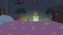 Size: 1280x720 | Tagged: safe, imported from derpibooru, screencap, student counsel, background, bed, bedroom, night, no pony, scenic ponyville, school of friendship, sheet