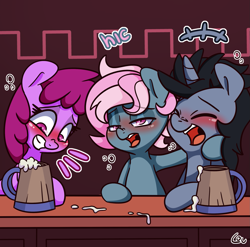 Size: 1551x1533 | Tagged: safe, artist:lou, imported from derpibooru, berry punch, berryshine, oc, oc:juicy dream, oc:trent, alcohol, cider, commission, drunk, go home you're drunk