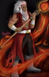 Size: 1240x1929 | Tagged: safe, artist:reminic, imported from derpibooru, lord tirek, human, abs, dark skin, fire, humanized, magic, male, nose piercing, nose ring, piercing, septum piercing, solo, staff