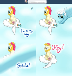 Size: 2562x2702 | Tagged: safe, artist:ask-fleetfoot, imported from derpibooru, fleetfoot, oc, oc:bold font, oc:lola, oc:lola cloudmaker, pegasus, pony, ask-fleetfoot, cloud, high res, micro