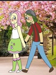 Size: 711x958 | Tagged: safe, artist:abbeysauceisyummy, imported from derpibooru, fluttershy, sandalwood, equestria girls, blushing, female, male, sandalshy, shipping, straight