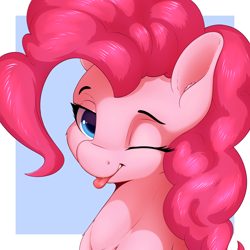 Size: 2400x2400 | Tagged: safe, artist:aquaticvibes, imported from derpibooru, pinkie pie, earth pony, pony, :p, ;p, abstract background, cute, diapinkes, ear fluff, female, high res, mare, one eye closed, simple background, solo, tongue out, wink