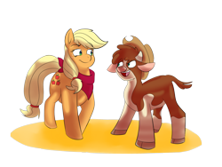 Size: 2000x1500 | Tagged: safe, artist:heartbeat420, imported from derpibooru, applejack, cow, earth pony, pony, them's fightin' herds, accessory swap, arizona (tfh), bandana, cloven hooves, community related, cowboy hat, crossover, duo, female, hat, looking at each other, mare, simple background, transparent background