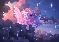 Size: 2048x1448 | Tagged: safe, artist:shore2020, imported from derpibooru, oc, oc only, pegasus, pony, cloud, constellation, ear fluff, open mouth, solo, sparkles, spread wings, stars, wings
