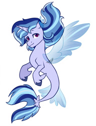 Size: 781x1023 | Tagged: safe, artist:naheletocho, imported from derpibooru, oc, oc only, alicorn, pony, seapony (g4), blue eyes, blue mane, clothes, dorsal fin, fin wings, fish tail, flowing mane, flowing tail, purple eyes, seaponified, see-through, simple background, smiling, solo, species swap, tail, unshorn fetlocks, white background, wings