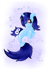 Size: 1075x1532 | Tagged: safe, artist:jessyxkisuxkata, imported from derpibooru, oc, oc only, pony, seapony (g4), unicorn, blue mane, bubble, dorsal fin, fish tail, flowing mane, flowing tail, horn, multicolored eyes, seaponified, signature, simple background, smiling, solo, species swap, tail, transparent background, underwater, water