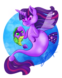 Size: 2190x2738 | Tagged: safe, artist:xenyu, imported from derpibooru, spike, twilight sparkle, alicorn, fish, pony, puffer fish, seapony (g4), my little pony: the movie, blue background, bubble, clothes, dorsal fin, female, fin wings, fish tail, flowing mane, flowing tail, green eyes, high res, looking at each other, male, purple eyes, seaponified, seapony twilight, see-through, signature, simple background, smiling, species swap, spike the pufferfish, spikelove, tail, transparent background, twilight sparkle (alicorn), underwater, water, wings