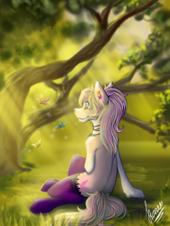 Size: 3000x4000 | Tagged: safe, alternate version, artist:stirren, imported from derpibooru, oc, oc only, oc:bijou butterfly, butterfly, pony, alternate character, clothes, crepuscular rays, forest, looking away, socks, solo, stockings, thigh highs, tree