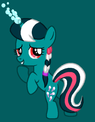 Size: 455x586 | Tagged: safe, artist:kammythepanic, imported from derpibooru, fizzy, pony, twinkle eyed pony, unicorn, bipedal, bubble, female, filly, g1, g1 to g4, g4, generation leap, grin, magic, simple background, smiling, solo, teal background