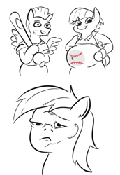 Size: 442x642 | Tagged: safe, artist:jargon scott, imported from derpibooru, bow hothoof, rainbow dash, windy whistles, pegasus, abuse, baseball bat, black and white, dashabuse, dented dash, equestria's worst father, equestria's worst mother, female, grayscale, male, mare, monochrome, neo noir, partial color, pregnant, simple background, stallion, stupidity, white background